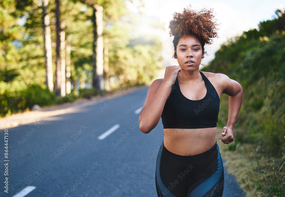 Woman, portrait and running with road for fitness, workout or outdoor exercise in nature. Active female person or runner on street for training, cardio or health and wellness in challenge or sports Woman, portrait and running with road for fitness, workout or outdoor exercise in nature. Active female person or runner on street for training, cardio or health and wellness in challenge or sports
