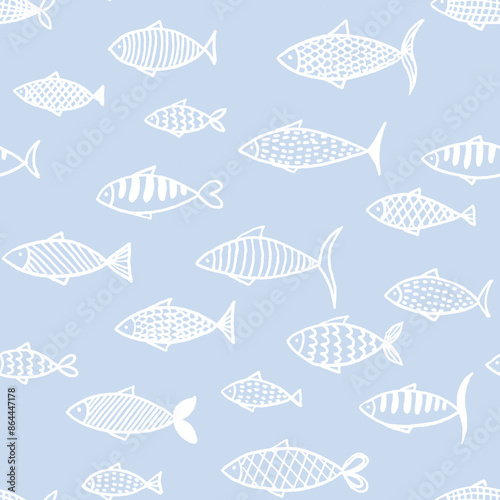 Hand drawn line art seamless pattern with many white lined different fish on blue background.Print cards,invitations,design