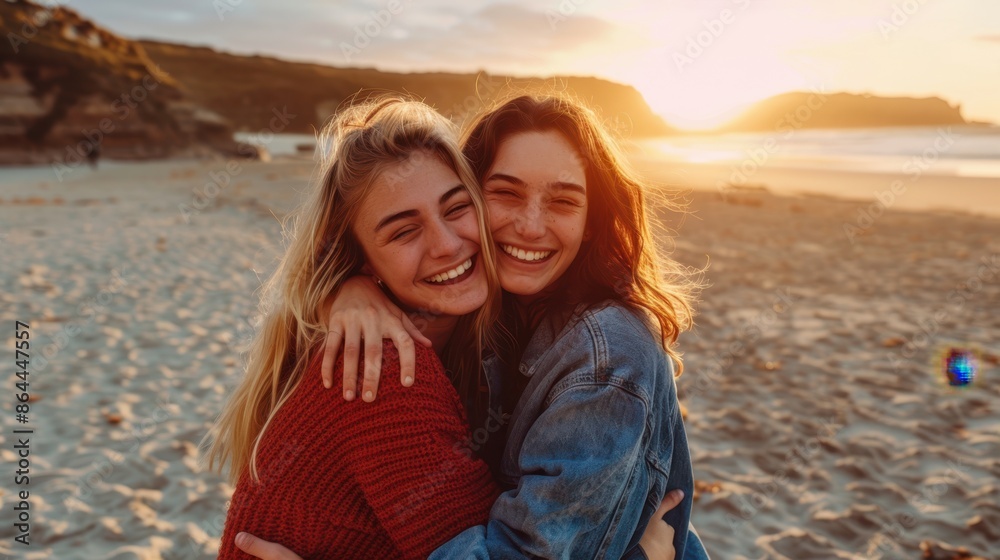 Friends Hugging at Sunset