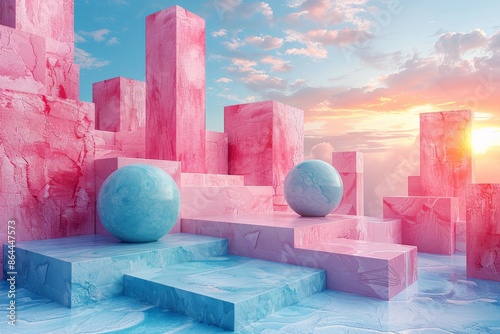 Surreal Dreamscape of Pink and Blue Geometric Forms in a Sunset Sky with Floating Spheres and Abstract Textures Creating a Fantasy Landscapeabstract photo