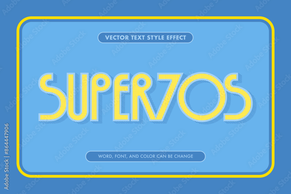 Super retro 70s text style effect in blue and yellow with line and dot texture, editable vector graphic. Super retro 70s text style effect in blue and yellow with line and dot texture, editable vector graphic.