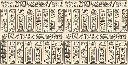 Dark brwon ancient egyptian hieroglyphs alphabet pattern over yellow pastel background. Ancient egyptian and ancient culture concept
