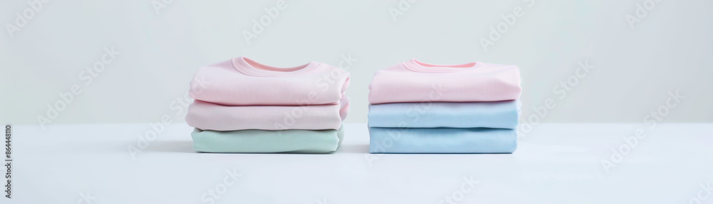 Two neatly folded stacks pastel-colored t-shirts on a white surface Two neatly folded stacks pastel-colored t-shirts on a white surface