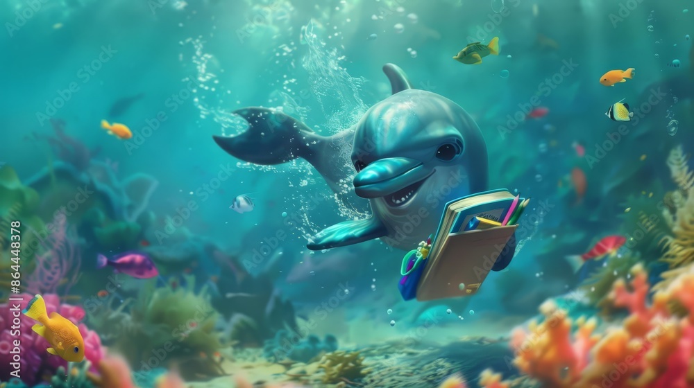 Fototapeta premium Charming chibi dolphin with school supplies tucked into its fins, swimming towards a coral reef classroom for back to school