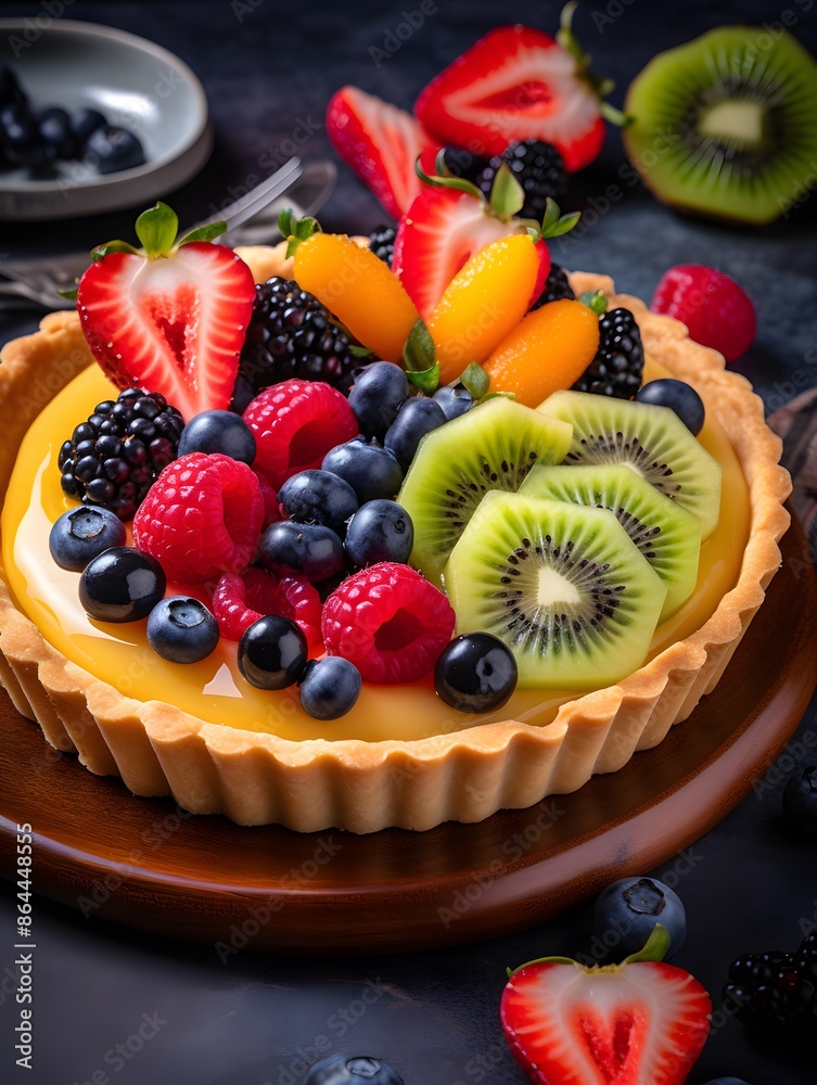 Vibrant Mixed Fruit Tart with Kiwi, Berries, and Peach Glaze. Vibrant Mixed Fruit Tart with Kiwi, Berries, and Peach Glaze.