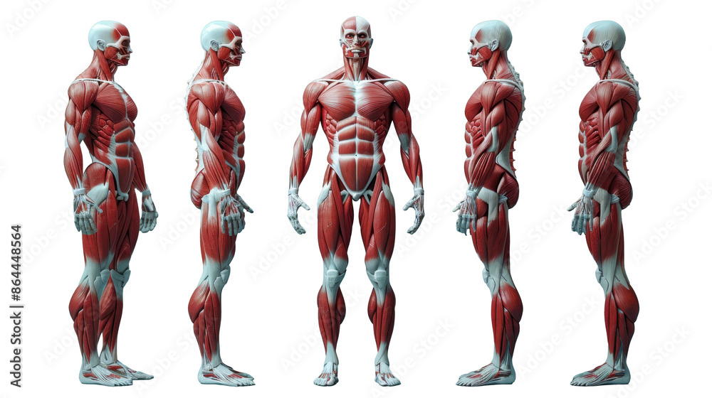 Detailed anatomical illustration of human muscular system in multiple ...