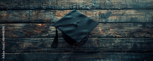 Graduation cap on rustic wooden background, high-angle view. Education and achievement concept photo