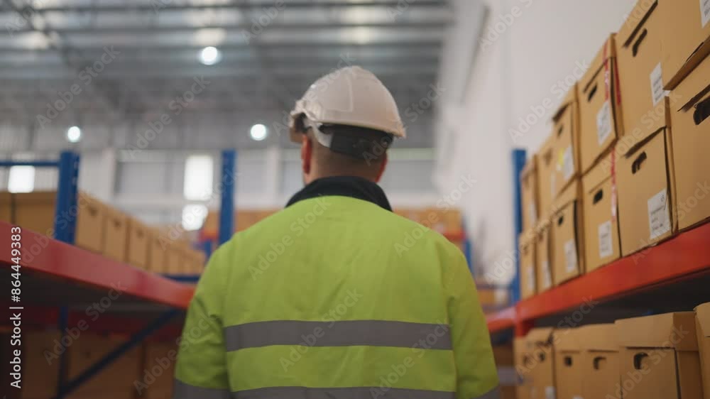 Back of warehouse worker man hold tablet and walk along between shelves and check product in workplace area Back of warehouse worker man hold tablet and walk along between shelves and check product in workplace area