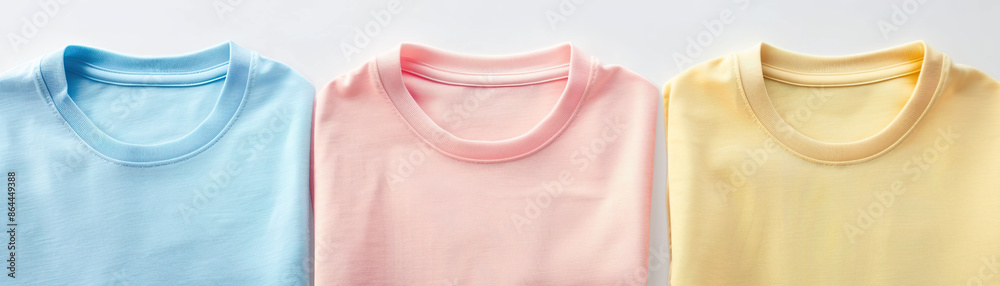 Close-up photo three folded pastel-colored t-shirts side by side on a white background