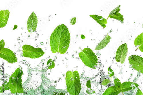fresh mint leaves with splashing water drops isolated on white or transparent png © David Kreuzberg