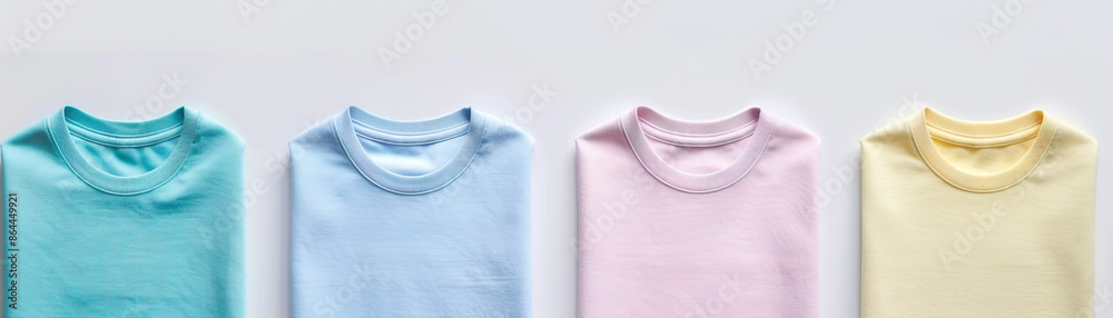 Close-up photo four folded pastel-colored t-shirts side by side on a white background Close-up photo four folded pastel-colored t-shirts side by side on a white background