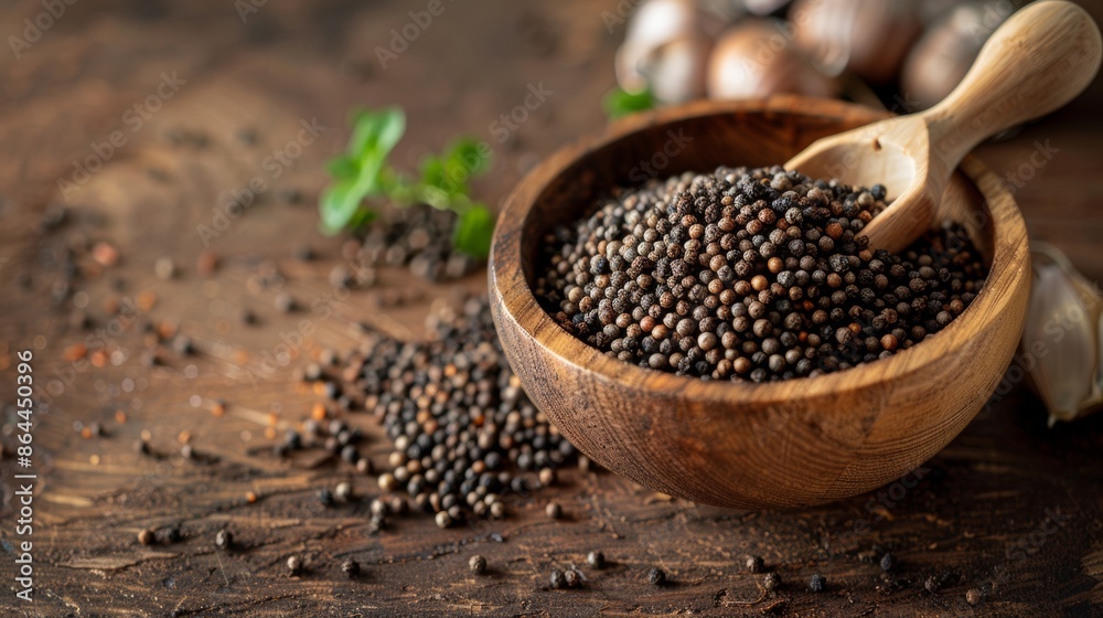 Black Peppercorns in Wooden Bowl Black Peppercorns in Wooden Bowl