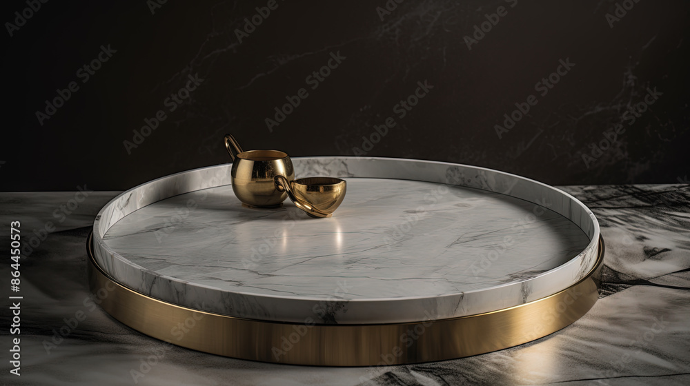 White marble pedestal with gold in the studio room, mockup stand for presentation. White marble pedestal with gold in the studio room, mockup stand for presentation.