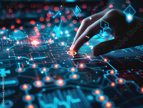 computerbased information technology with a person playing with internet connectivity, Medical technology, online health, global health network and tourism concept photo