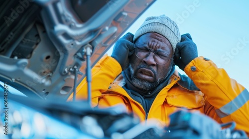 Frustrated man looking at broken car engine in stress