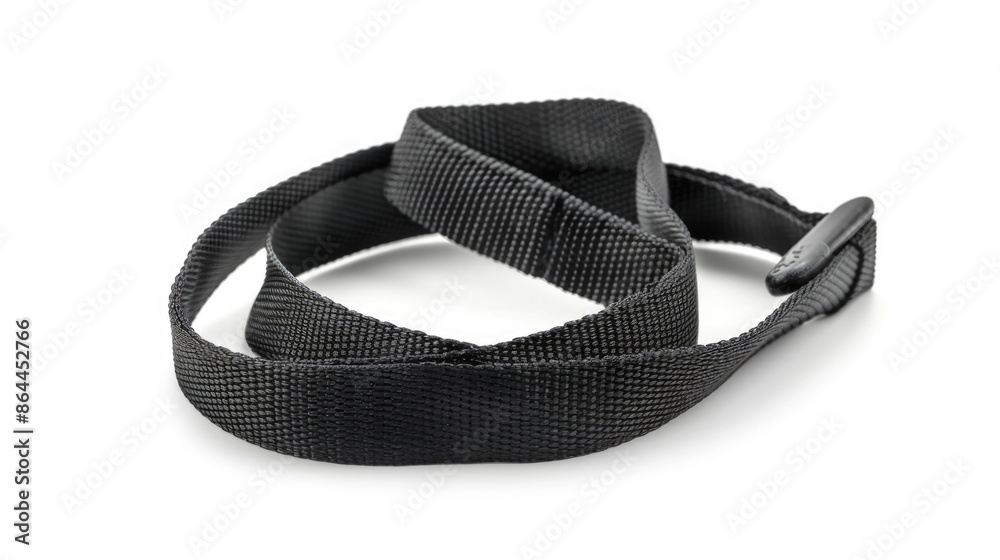 A close-up shot of a black strap on a white background, ideal for use in product or fashion photography A close-up shot of a black strap on a white background, ideal for use in product or fashion photography