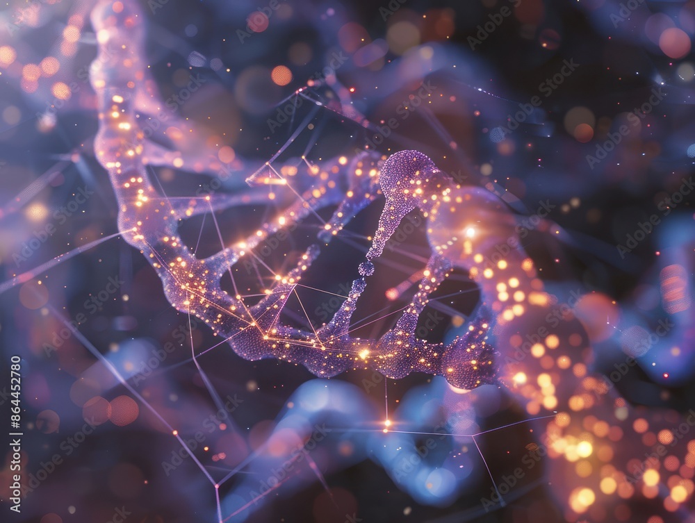 Digital DNA Helix Symbolizing Modern Biotechnology Advancements. A DNA strand illuminated by digital nodes, signifying the intersection of biology and cutting-edge technology