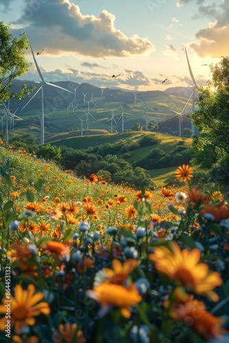 A Tranquil Spring Landscape with Wind Turbines on Rolling Hills Amidst Blooming Orange Flowers and Vibrant Greenery Under a Cloudy Skynature photo