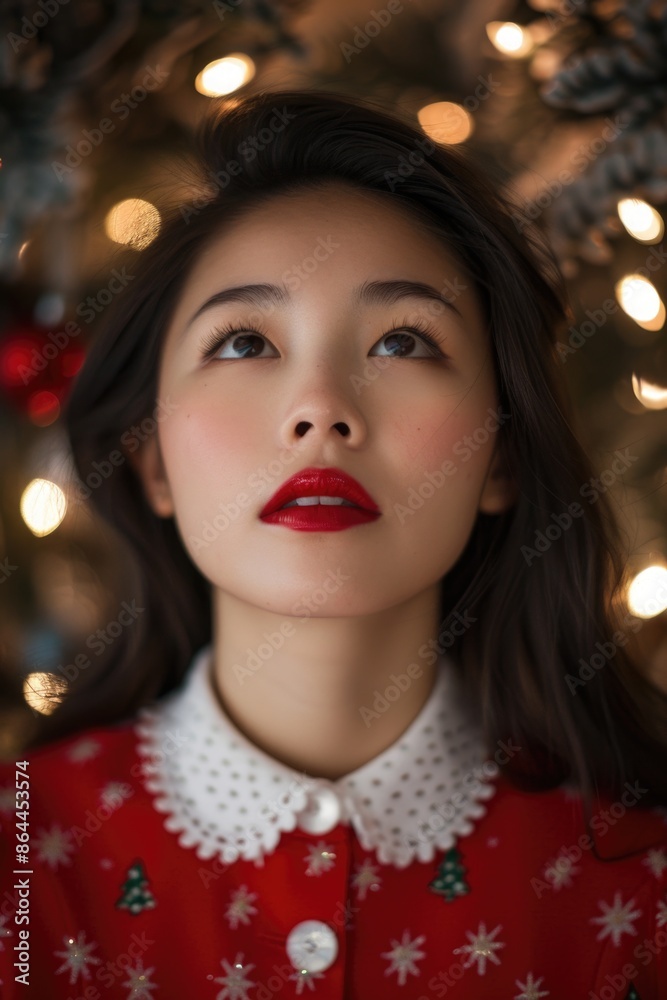 A woman wearing a red sweater and matching lipstick, a simple yet stylish outfit