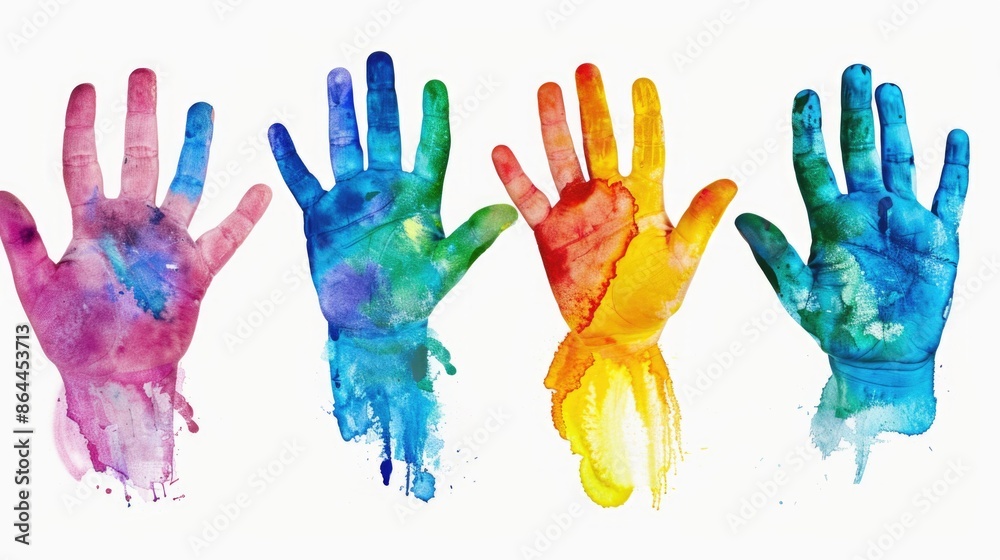 Fototapeta premium A creative arrangement of painted hands in various colors and designs, great for representing diversity, inclusivity, or artistic expression