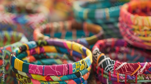 Creative, colorful fabric-strip woven baskets exemplify sustainability and functional art.