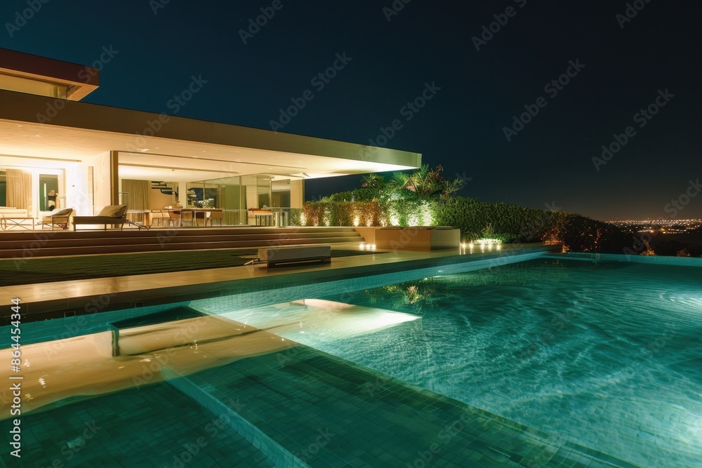 A modernist house with an infinity pool at night Generative AI A modernist house with an infinity pool at night Generative AI