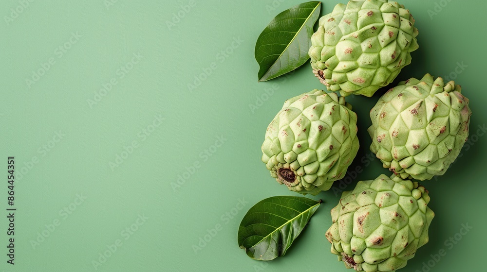 Green Fruits with Leaves on a Green Background Green Fruits with Leaves on a Green Background