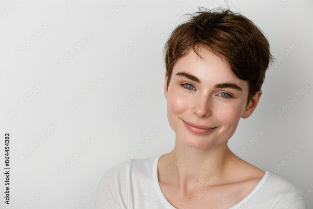 A woman with short brown hair wearing a white shirt, suitable for use in editorial or advertising content A woman with short brown hair wearing a white shirt, suitable for use in editorial or advertising content