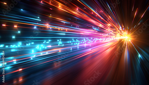 Blue laser beam effect dash with high-speed shine and emit colorful light on dark black background convey sense of energy move in straight line dynamic on cosmic perfect for science fictional. AIG35