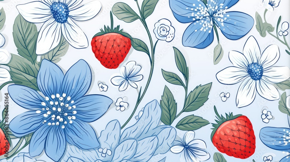 blue flowers and strawberries