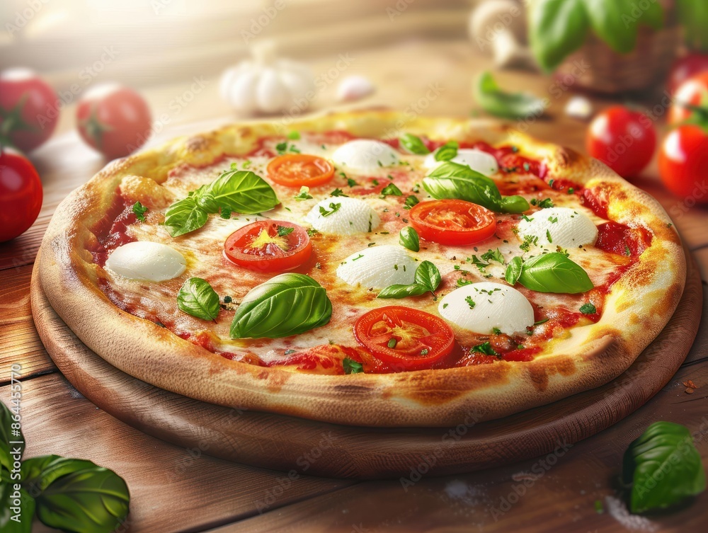 Pizza with mozzarella cheese, tomatoes and basil on a wooden table. Restaurant concept, food delivery, farm food products Pizza with mozzarella cheese, tomatoes and basil on a wooden table. Restaurant concept, food delivery, farm food products