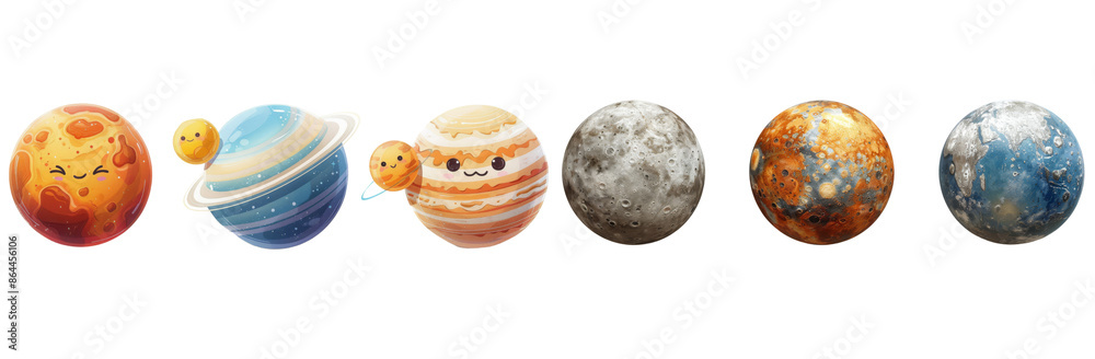 Whimsical Set of 3 Planets - Jupiter, Uranus, Mars Isolated on White | Low Detail Space Elements with Unique Features