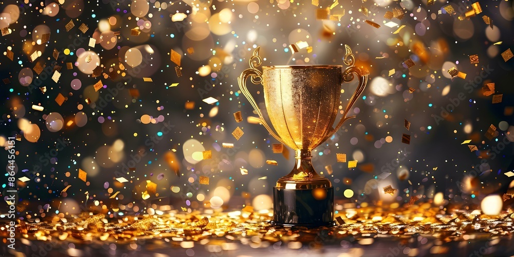 Golden trophy surrounded by confetti and glitter symbolizing victory in competition. Concept Success, Celebration, Victory, Achievement, Competition Golden trophy surrounded by confetti and glitter symbolizing victory in competition. Concept Success, Celebration, Victory, Achievement, Competition