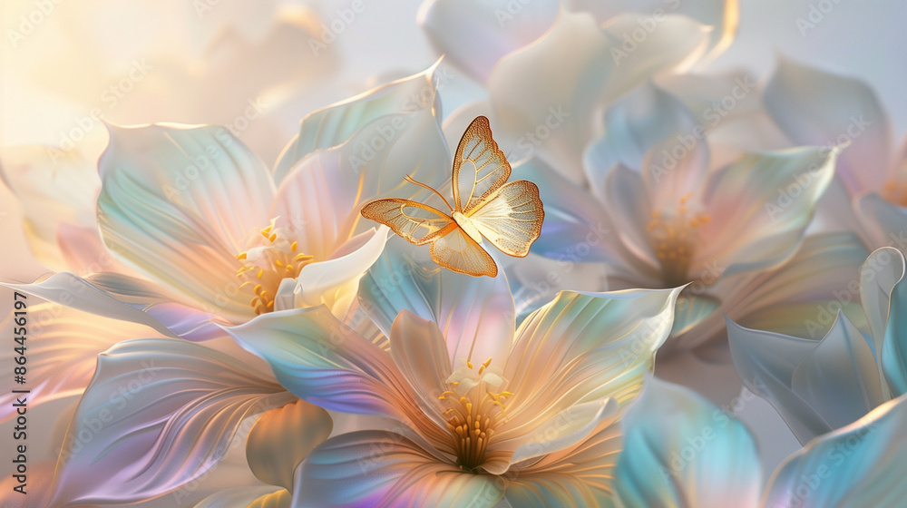 translucent petals and a radiant golden butterfly perched gently among them. translucent petals and a radiant golden butterfly perched gently among them.