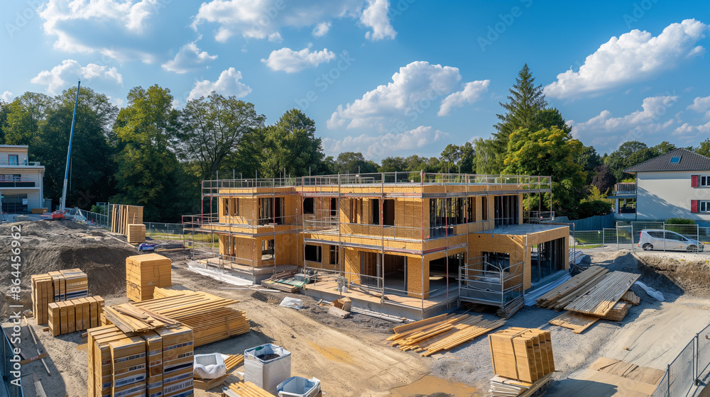 Fototapeta premium Construction residential new house with prefabrication system in progress at building site