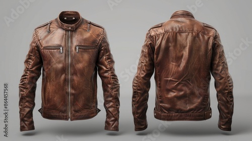A close-up image of a brown leather jacket on a gray background