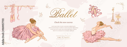 Ballet studio or school poster, flyer, web banner, billboard design template with hand drawn ballerina and pointe shoes on white background. Vector illustration