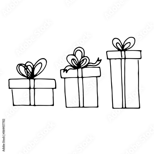 Simple doodle balck and white vector illustration sketch line art birthday b-day gift present boxes with bows