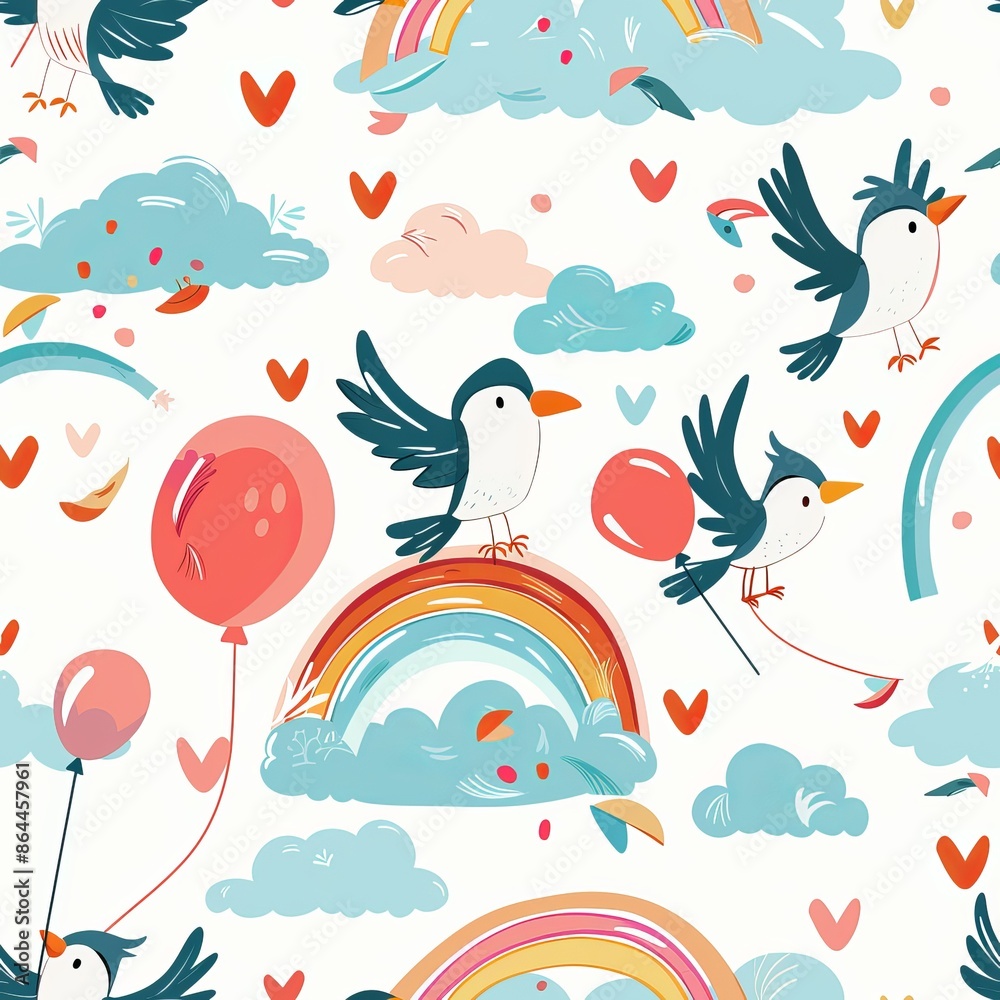 Obraz premium Colorful birds flying through rainbow clouds and hearts. Seamless pattern.