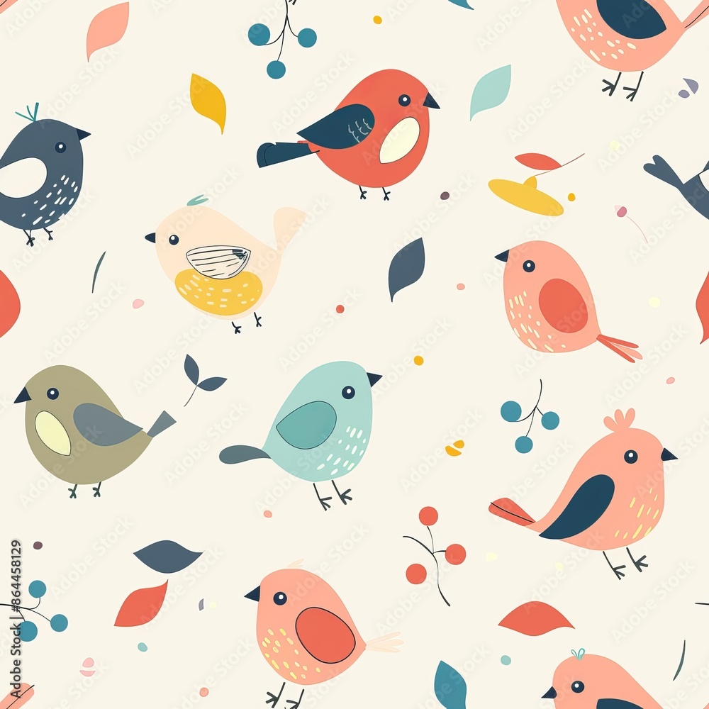 Obraz premium Colorful bird pattern with leaves and berries. Seamless pattern