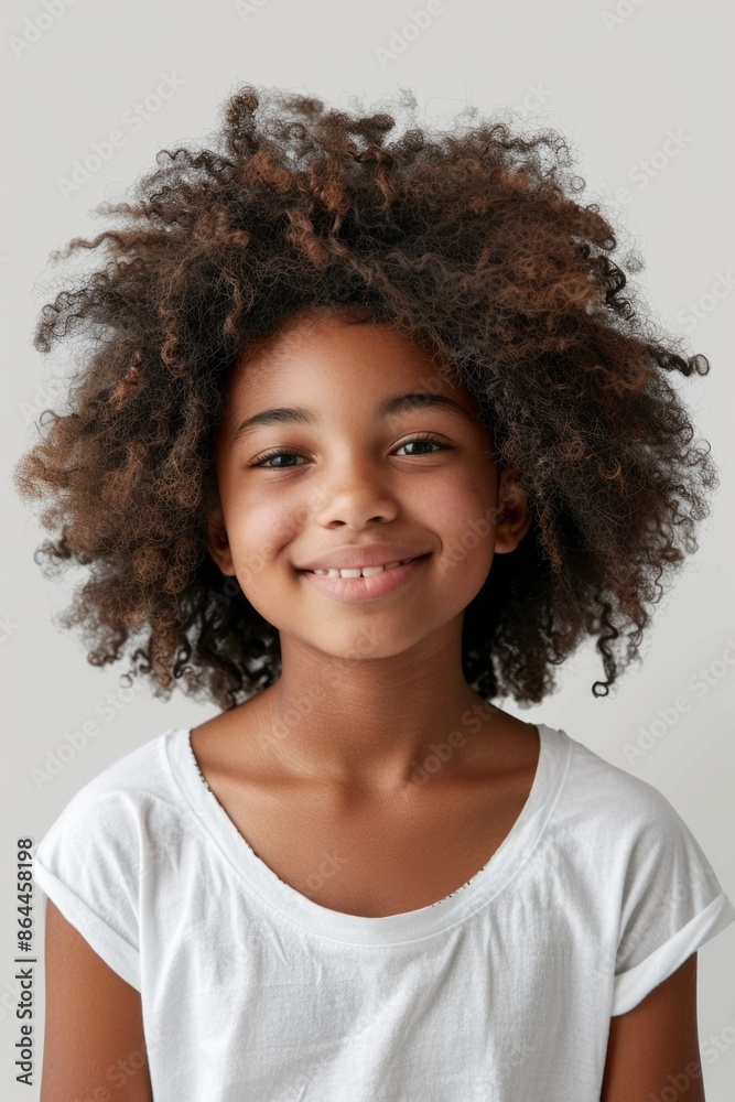 A happy young girl with curly hair smiling directly at the camera A happy young girl with curly hair smiling directly at the camera