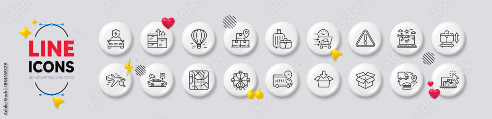 Warning, Search flight and Air balloon line icons. White buttons 3d icons. Pack of Wholesale goods, Baggage, Car charging icon. Food delivery, Online storage, Handbag size pictogram. Vector Warning, Search flight and Air balloon line icons. White buttons 3d icons. Pack of Wholesale goods, Baggage, Car charging icon. Food delivery, Online storage, Handbag size pictogram. Vector