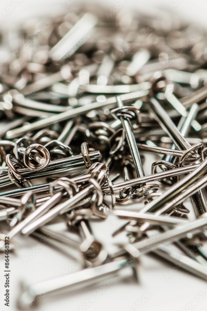 Close-up shot of a pile of metal nails on a white surface, suitable for use in various contexts such as DIY projects, construction, or decorative designs Close-up shot of a pile of metal nails on a white surface, suitable for use in various contexts such as DIY projects, construction, or decorative designs