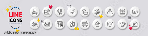 Warning, Search flight and Air balloon line icons. White buttons 3d icons. Pack of Wholesale goods, Baggage, Car charging icon. Food delivery, Online storage, Handbag size pictogram. Vector