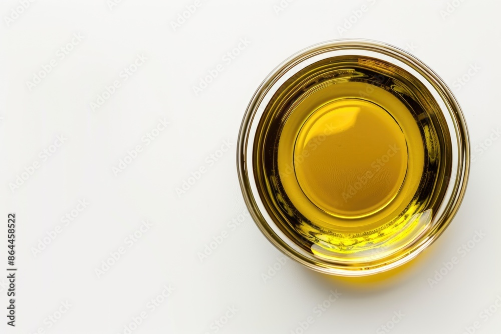 A single serving of olive oil in a clear glass container placed on a white surface A single serving of olive oil in a clear glass container placed on a white surface