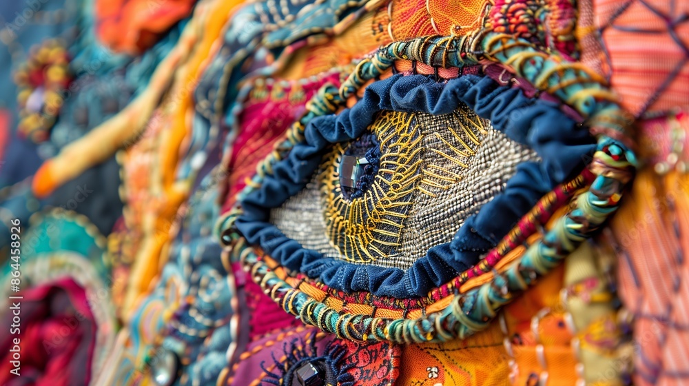 Close-up of an intricate fabric art piece made from recycled textiles, showcasing vibrant colors and craftsmanship.
