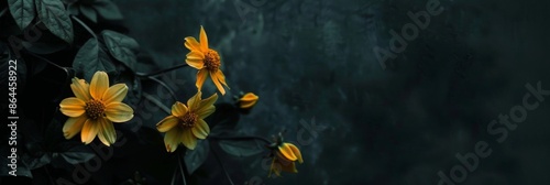 Fading Yellow Fantasy Flowers on a Dark Background, Sad Beauty, with copy space, AI Generated photo