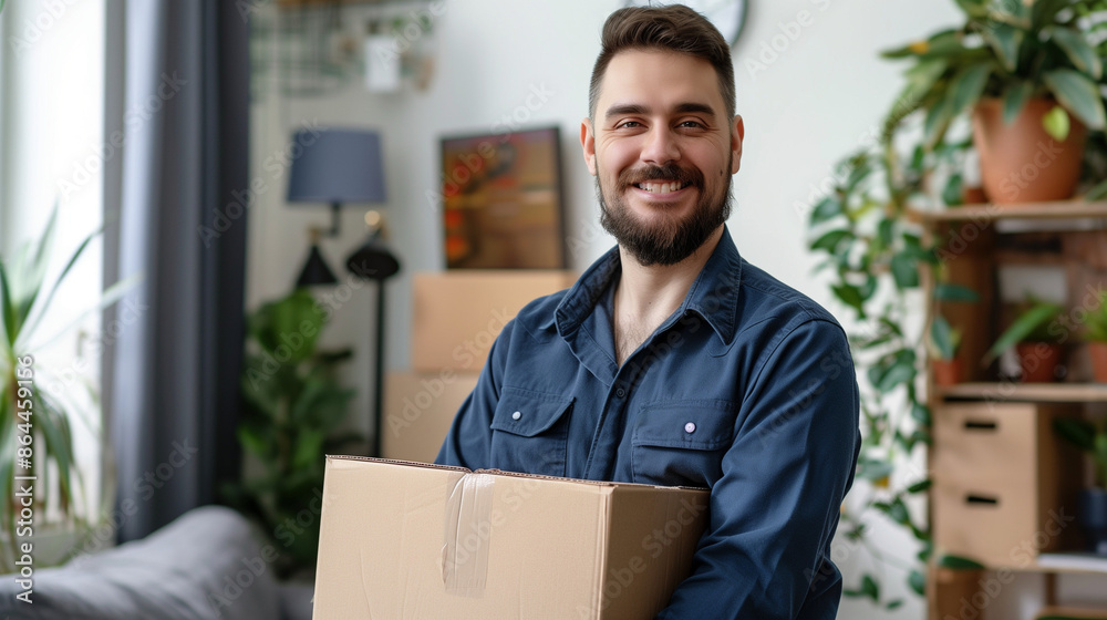 Portrait of happy worker from professional man and van moving delivery service. Young male loader in uniform workwear standing in living room, holding cardboard box, looking at camera and smiling