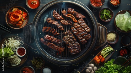 An elaborate spread of grilled meats and assorted side dishes beautifully arranged around a Korean BBQ grill