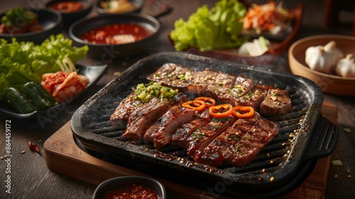 Delicious Korean BBQ Close-Up. Grilled Meat with Fresh Vegetables on Rustic Wooden Table